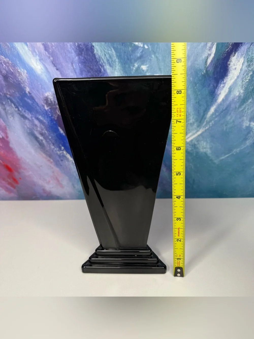 New Martinsville Black Glass Vase Triangular Triangle Art Deco Antique Vintage